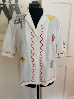 White Embroidered Short-Sleeve Button Front Blouse with Red Trim